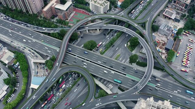 Time-lapse of a multi layer road intersection with heavy traffic. Guangzhou, China