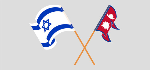 Crossed and waving flags of Nepal and Israel