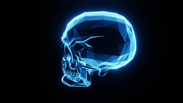Human skull lit up blue, cg, camera orbits