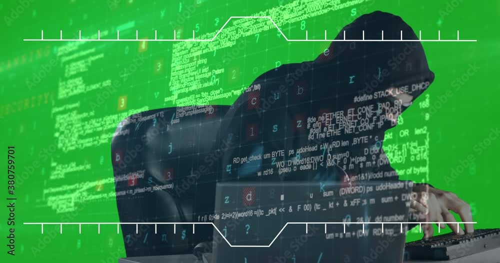 Poster cyber security data processing over male hacker using computer against green screen