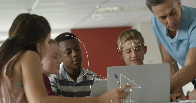 Mathematical equations floating against male teacher and students using laptop