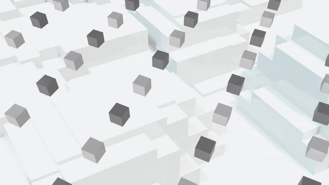 Rows of grey cubes moving over 3d white blocks