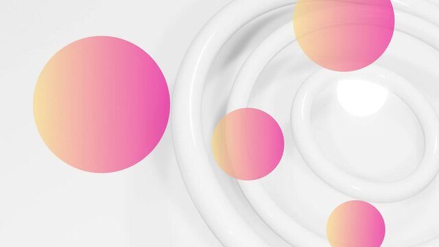 Pink to orange balls over pulsating white circles