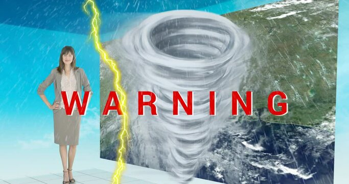 Warning text against rain and lightning over weather woman