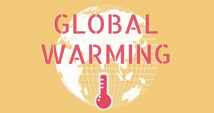 Global Warming text and thermometer icon against spinning globe on yellow background