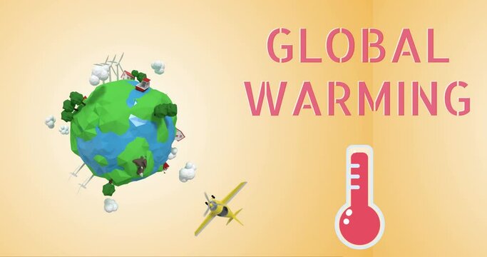 Global Warming text and thermometer icon against spinning globe and plane on orange background
