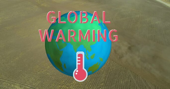 Global Warming text and thermometer icon against spinning against desert in background
