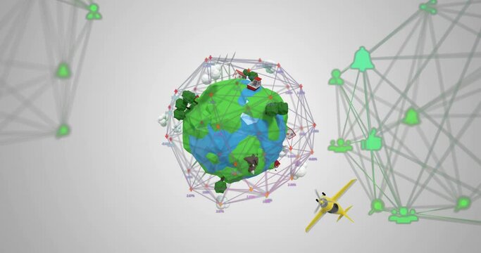 Network of connection icons against globe with growing trees and plane flying