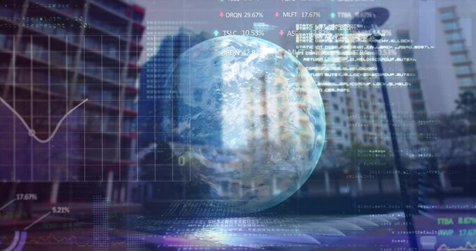 Financial data processing over spinning globe against cityscape