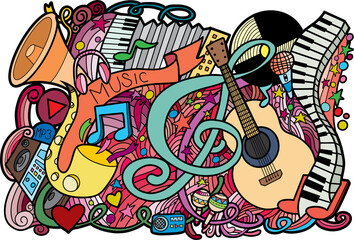 Obraz na płótnie Canvas doodles Musical illustration. Colorful detailed frame, with lots of objects vector background