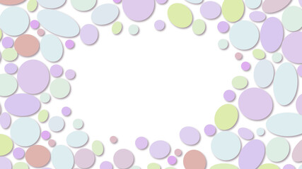 Multicolored circles and ovals on a white background, copy space in the center of the picture. Pastel colors, abstract horizontal background, illustration.