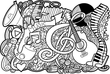 doodles Musical illustration. Colorful detailed frame, with lots of objects vector background
