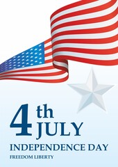 Happy 4th Of July USA Independence Day, 4th of july greeting card with hand drawn lettering and United States national flag. Vector illustration.