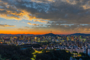 Seoul city sky line , south korea, showing landmark Seoul tower in the financial district at morning