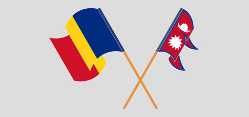 Crossed and waving flags of Nepal and Romania