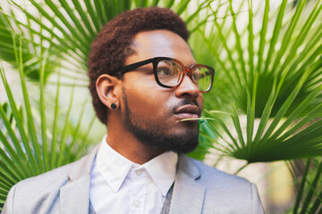 Portrait of african american businessman in front green palm leaves.