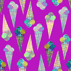 Cute childrens seamless pattern with ice cream hand-drawn in pencil. Cartoon naive drawing in baby style . For wrapping paper, kids design, baby textile, wallpaper. 