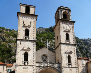Fototapeta na wymiar Church of Saint Tryphon in the old town of Kotor. Montenegro. Medieval church with towers. 