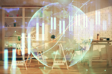 Naklejka premium Double exposure of financial graph drawing and office interior background. Concept of stock market.