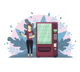 Girl at the vending machine vector illustration. On white background