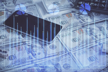 Fototapeta na wymiar Double exposure of forex graph drawing over us dollars bill background. Concept of financial markets.