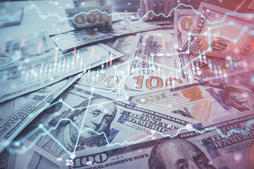 Multi exposure of forex chart drawing over us dollars bill background. Concept of financial success markets.