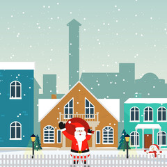 Fototapeta na wymiar Winter Christmas village landscape with Santa Claus. Space for your text. Vector.