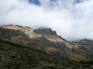 A scenic view of the rocky and mountainous terrain along the Salkantay trek in Peru