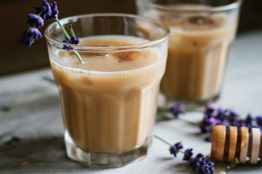 Iced coffee sweetened with honey and lavender syrup.