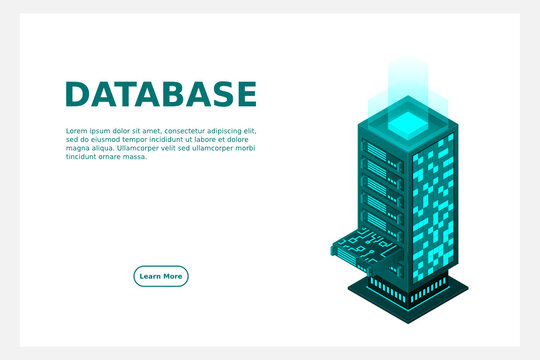 Data center isometric, database and cloud data storage concept, server room, cloud computing, vector illustration.