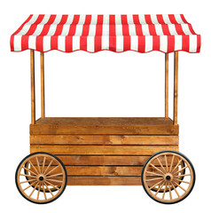 Mobile street market stand stall with wheels and red white striped awning