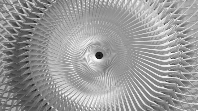 3d video loop of abstract black and white art of surreal 3d background with part of a turbine jet engine with sharp blades in white ceramic,  funnel in a spiral pattern with a hole in the centre