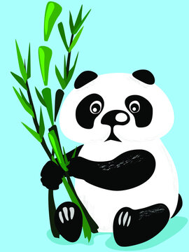 Flat vector illustration of cute panda bear. Sitting and eating panda with bamboo plant