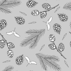 Xmas Seamless pattern with Christmas Tree Decorations, Pine Branches hand drawn art design vector illustration.