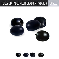 Several black olives on a white background.