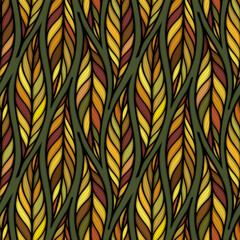 Falling leaves colorful vector illustration. Decorative autumn leaves beautiful seamless pattern. Hand drawn organic lines