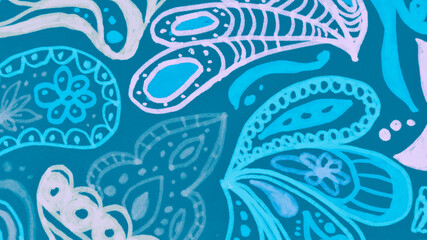 Asian Flowers Style. Blue Folkloric Pattern. 