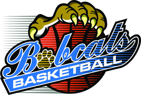 bobcats basketball team design in script with large claw holding ball for school, college or league