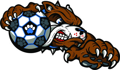 mean bulldog soccer team mascot holding ball for school, college or league