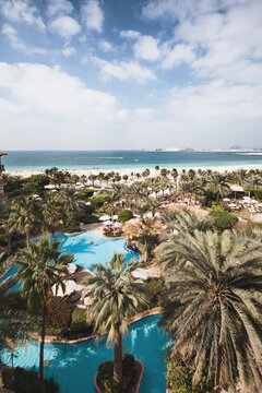Luxury resort pools overlooking Jumeirah Beach, Dubai