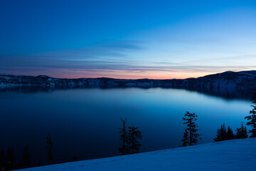 Crater Lake just before sunrise, Crater Lake National Park in winter, Oregon.