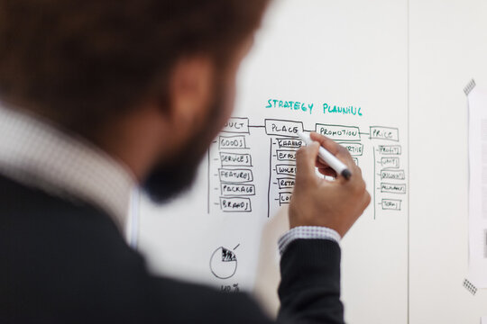 Young afro businessman writting a new project on a blackboard.