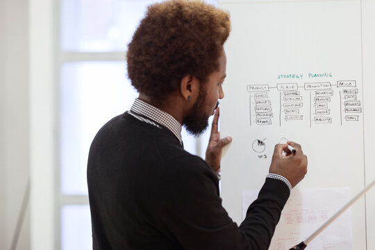 Young afro businessman writting a new project on a blackboard.
