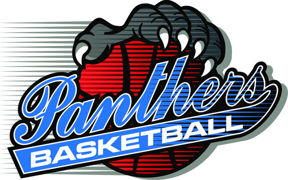 panthers basketball team design in script with large claw holding ball for school, college or league