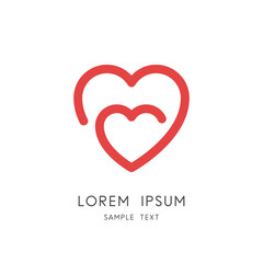 Love and care logo - two hearts connection symbol. Mother and child, motherhood and pregnancy vector icon.