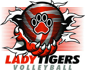 lady tigers volleyball team design with claw holding ball and net for school, college or league