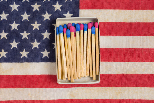 Box of Red and blue matches on an American Flag