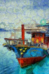 Fototapeta na wymiar Colorful fishing boats Illustrations creates ant style impressionis of painting.