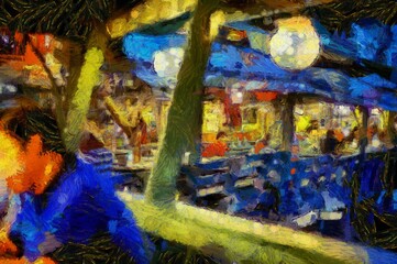 The landscape of the cafe at night Illustrations creates ant style impressionis of painting.