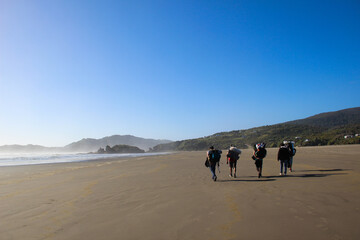 Backpackers walking on a beach